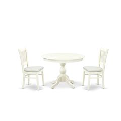 East West Furniture - HBVA3-LWH-C - 3-Piece Dinette Room Set- 2 Wooden Chairs and Kitchen Dining Table - Linen Fabric Seat and Slatted Chair Back - Linen White Finish