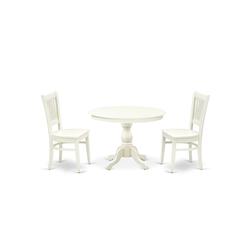 East West Furniture - HBVA3-LWH-W - 3-Pc Modern Dining Table Set- 2 Dining Chair and Wooden Dining Table - Wooden Seat and Slatted Chair Back - Linen White Finish