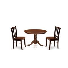 HLDL3-MAH-W - 3-Pc Kitchen Dining Set- 2 Mid Century Dining Chairs and Dining Table - Wooden Seat and Slatted Chair Back - Mahogany Finish