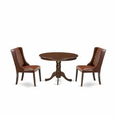 East West Furniture HLFO3-MAH-46 3-Pc Kitchen Table Set Includes 1 Pedestal Dining Table and 2 Brown Linen Fabric Upholstered Dining Chairs with Button Tufted Back - Mahogany Finish