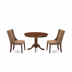 East West Furniture HLFO3-MAH-47 3-Piece Kitchen Dining Room Set Includes 1 Pedestal Dining Table and 2 Light Sable Linen Fabric kitchen chairs with Button Tufted Back - Mahogany Finish