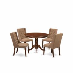 East West Furniture HLFO5-MAH-47 5-Piece Kitchen Dining Room Set Includes 1 Pedestal Table and 4 Light Sable Linen Fabric Parson Chairs with Button Tufted Back - Mahogany Finish