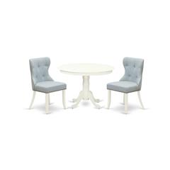 East-West Furniture HLSI3-LWH-15 - A modern dining table set of two fantastic parson dining chairs with Linen Fabric Baby Blue color and a beautiful 42-Inch Antique pedestal kitchen table with Linen W