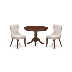 East-West Furniture HLSI3-MAH-35 - A dining set of two great parson chairs with Linen Fabric Doeskin color and a gorgeous 42-Inch Antique wooden dining table in Mahogany Finish