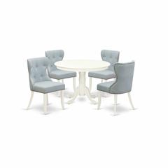 East-West Furniture HLSI5-LWH-15 - A dining set of 4 amazing kitchen dining chairs with Linen Fabric Baby Blue color and a beautiful 42-Inch Round dining table with Linen White color