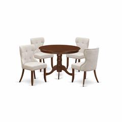 East-West Furniture HLSI5-MAH-35 - A dining room table set of 4 wonderful dining chairs using Linen Fabric Doeskin color and an attractive dinner table with Mahogany Finish