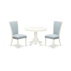 East-West Furniture HLVE3-LWH-15 - A wooden dining table set of two amazing dining chairs with Linen Fabric Baby Blue color and a fantastic 42-Inch Antique dining table with Linen White color