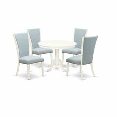East-West Furniture HLVE5-LWH-15 - A dining table set of 4 fantastic parson dining chairs with Linen Fabric Baby Blue color and a stunning mid-century dining table with Linen White color
