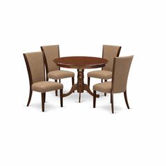 East-West Furniture HLVE5-MAH-47 - A dining room table set of 4 great dining chairs using Linen Fabric Light Sable color and a fantastic 42-Inch Round wooden table with Mahogany Finish