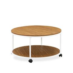 Harley Round Coffee Table for Living Room, Mid Century Modern Coffee Table in Powder Coating White Color and Brown Wood Laminate