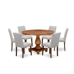 East West Furniture 7-Pc Dinner Table Set - Wooden Dining Table and 6 Doeskin Color Parson Wooden Chairs with High Back - Antique Walnut Finish