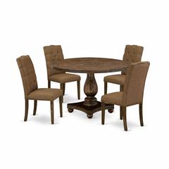 East West Furniture 5 Piece Modern Dining Table Set Includes a Modern Kitchen Table and 4 Brown Linen Fabric Dining Chairs with Button Tufted Back - Distressed Jacobean Finish