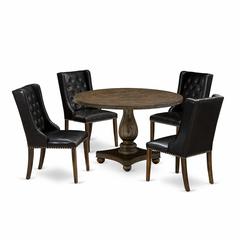 East West Furniture 5 Piece Mid Century Dining Set Includes a Wood Table and 4 Black PU Leather Upholstered Dining Chairs with Button Tufted Back - Distressed Jacobean Finish
