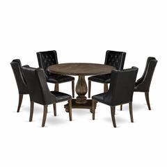 East West Furniture 7 Piece Dinette Set Contains a Dining Table and 6 Black PU Leather Mid Century Dining Chairs with Button Tufted Back - Distressed Jacobean Finish