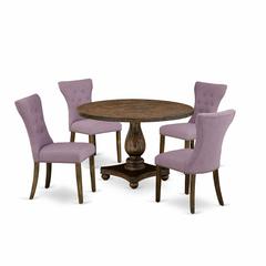 East West Furniture 5 Piece Kitchen Dining Table Set Contains a Modern Dining Table and 4 Dahlia Linen Fabric Modern Chairs with Button Tufted Back - Distressed Jacobean Finish