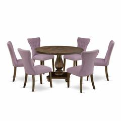 East West Furniture 7 Piece Dinner Table Set Consists of a Wood Table and 6 Dahlia Linen Fabric Kitchen Chairs with Button Tufted Back - Distressed Jacobean Finish
