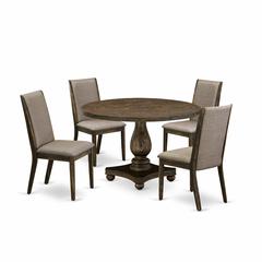 East West Furniture 5 Piece Dining Room Set Contains a Modern Kitchen Table and 4 Dark Khaki Linen Fabric Mid Century Dining Chairs with High Back - Distressed Jacobean Finish
