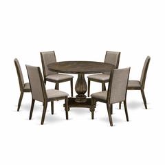 East West Furniture 7 Piece Dining Room Table Set Contains a Dining Table and 6 Dark Khaki Linen Fabric Upholstered Dining Chairs with High Back - Distressed Jacobean Finish