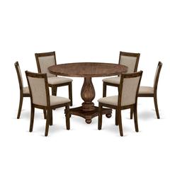 East West Furniture 7-Piece Dinner Table Set - Round Modern Dining Table and 6 Light Tan Color Parson Wood Dining Chairs with High Back - Antique Walnut Finish