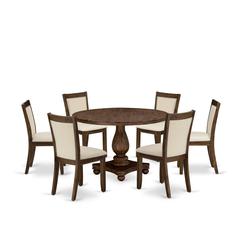 East West Furniture 7-Piece Dining Set - A Beautiful Wooden Table and 6 Beautiful Light Beige Linen Fabric Dining Chairs with Stylish High Back (Sand Blasting Antique Walnut Finish)