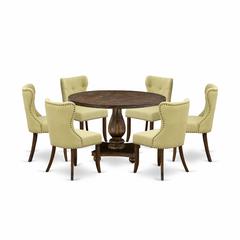 East West Furniture 7-Pc Dining Set - Wood Dining Table and 6 Limelight Color Parson Kitchen Chairs with Button Tufted Back - Distressed Jacobean Finish