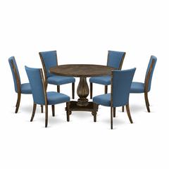 East West Furniture 7-Piece Dining Table Set - Dining Room Table and 6 Blue Color Parson Modern Kitchen Chairs with High Back - Distressed Jacobean Finish