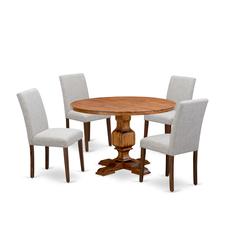 East West Furniture 5-Pc Dining Set - Modern Kitchen Table and 4 Doeskin Color Parson Dining Chairs with High Back - Antique Walnut Finish