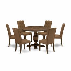 East West Furniture 7 Piece Dining Set Includes a Dining Room Table and 6 Brown Linen Fabric Upholstered Dining Chairs with Button Tufted Back - Distressed Jacobean Finish