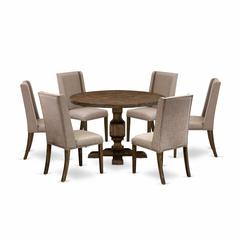 East West Furniture 7 Piece Dining Set Consists of a Wooden Table and 6 Dark Khaki Linen Fabric Upholstered Chairs with High Back - Distressed Jacobean Finish