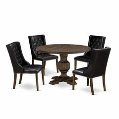 East West Furniture 5 Piece Dining Room Table Set Contains a Wooden Table and 4 Black PU Leather Mid Century Modern Dining Chairs with Button Tufted Back - Distressed Jacobean Finish