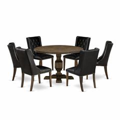 East West Furniture 7 Piece Dining Room Set Includes a Mid Century Modern Dining Table and 6 Black PU Leather Dining Chairs with Button Tufted Back - Distressed Jacobean Finish