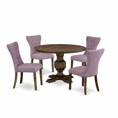 East West Furniture 5 Piece Dining Room Table Set Includes a Dining Room Table and 4 Dahlia Linen Fabric Dining Room Chairs with Button Tufted Back - Distressed Jacobean Finish