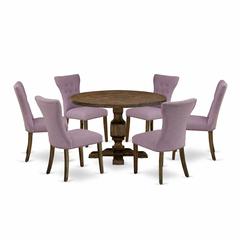 East West Furniture 7 Piece Table Set Consists of a Kitchen Table and 6 Dahlia Linen Fabric Dining Chairs with Button Tufted Back - Distressed Jacobean Finish