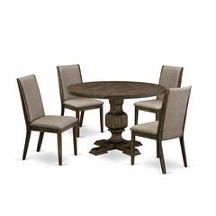 East West Furniture 5 Piece Modern Dining Set Contains a Dinner Table and 4 Dark Khaki Linen Fabric Modern Dining Chairs with High Back - Distressed Jacobean Finish