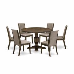 East West Furniture 7 Piece Modern Dining Table Set Contains a Mid Century Dining Table and 6 Dark Khaki Linen Fabric Mid Century Chairs with High Back - Distressed Jacobean Finish