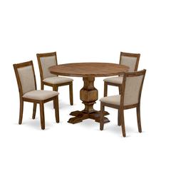 East West Furniture 5-Pc Dinner Table Set - Round Kitchen Table and 4 Light Tan Color Parson Chairs with High Back - Antique Walnut Finish
