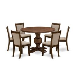 East West Furniture 7-Piece Dining Room Set - Round Wood Dining Table and 6 Light Tan Color Parson Chairs with High Back - Antique Walnut Finish