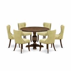 East West Furniture 7-Piece Dining Table Set - Modern Dining Table and 6 Limelight Color Parson Dining Room Chairs with Button Tufted Back - Distressed Jacobean Finish