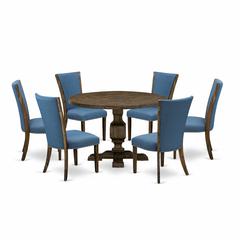 East West Furniture 7-Pc Dining Room Table Set - Dinner Table and 6 Blue Color Parson Dining Chairs with High Back - Distressed Jacobean Finish
