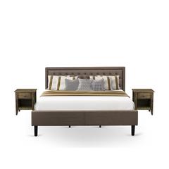 KD18K-2GA07 3 Piece King Bed Set - Wooden Bed Frame Brown Headboard with 2 Night Stands - Black Finish Legs