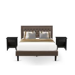 KD18Q-2GA06 3 Pc Queen Bed Set - Queen Size Bed Frame Brown Headboard with 2 Night Stands - Black Finish Legs
