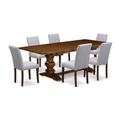 East West Furniture LAAB7-88-05 7Pc Wood Dining Table Set Includes a Wood Table and 6 Upholstered Dining Chairs with Grey Color Linen Fabric, Medium Size Table with Full Back Chairs, Antique Walnut Fi