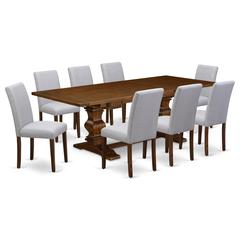 East West Furniture LAAB9-88-05 9Pc Dining Table Set Consists of a Dinette Table and 8 Parson Dining Chairs with Light Sable Color Linen Fabric, Medium Size Table with Full Back Chairs, Distressed Jac