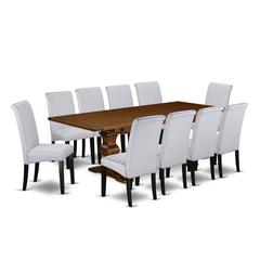 East West Furniture 11-Pieces Dining Table Set - A Butterfly Leaf Double Pedestal Modern Dining Table and 10 Grey Linen Fabric Dining Chairs with High Back - Antique Walnut Finish