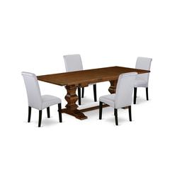 5 Piece Kitchen Table Set for 4 Includes a Rectangle Removable Leaf Dining Table and 4 Grey Linen Fabric Upholstered Chairs, 42x92 Inch, Walnut