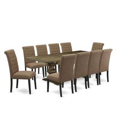 East West Furniture 11-Piece Table Set Contains a Wooden Table and 10 Light Sable Linen Fabric Mid Century Dining Chairs with Button Tufted Back - Distressed Jacobean Finish