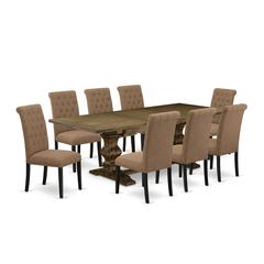 East West Furniture Lassale 9 Piece Room Set Includes a Rectangle Butterfly Leaf Kitchen Table and 8 Light Sable Linen Fabric Parson Dining Chairs, 42x92 Inch