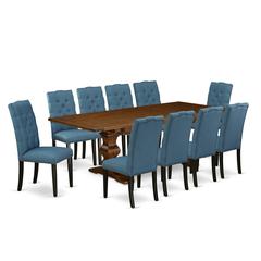 East West Furniture 11-Pieces Kitchen Table Set - A Butterfly Leaf Double Pedestal Dinner Table and 10 Blue Linen Fabric Dining Chairs with Button Tufted Back - Antique Walnut Finish