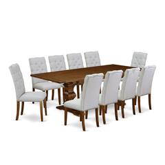 East West Furniture 11-Pieces Table Set - A Butterfly Leaf Double Pedestal Dining Table And 10 Grey Linen Fabric Dining Chairs With Button Tufted Back - Antique Walnut Finish