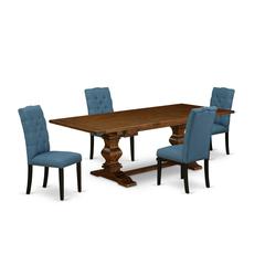 5 Piece Kitchen Table Set for 4 Includes a Rectangle Removable Leaf Dining Table and 4 Blue Linen Fabric Upholstered Chairs, 42x92 Inch, Walnut